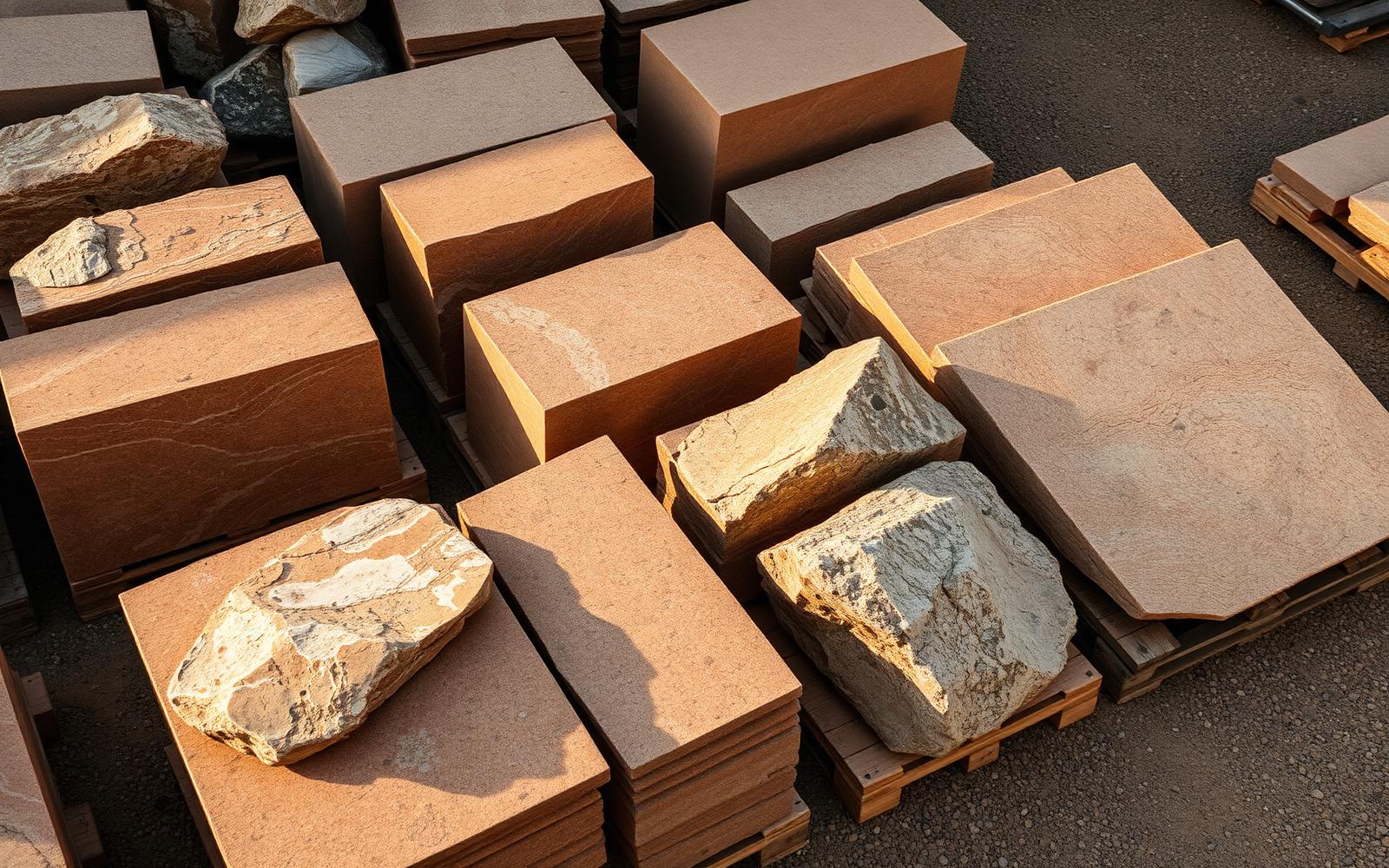Natural stone slabs and boulders on pallets